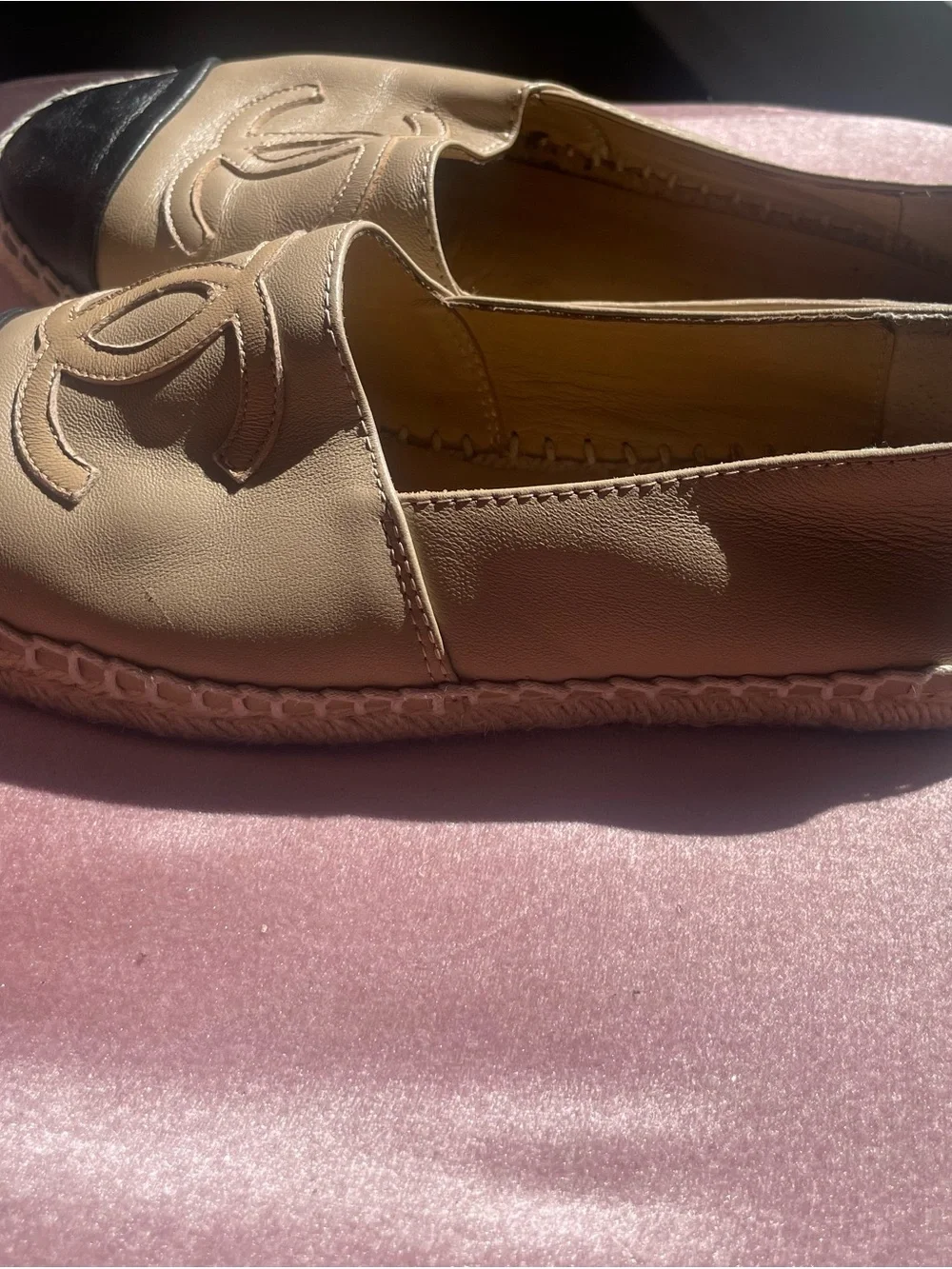CHANEL Beige Leather Espadrille Flats with Black Cap Toe